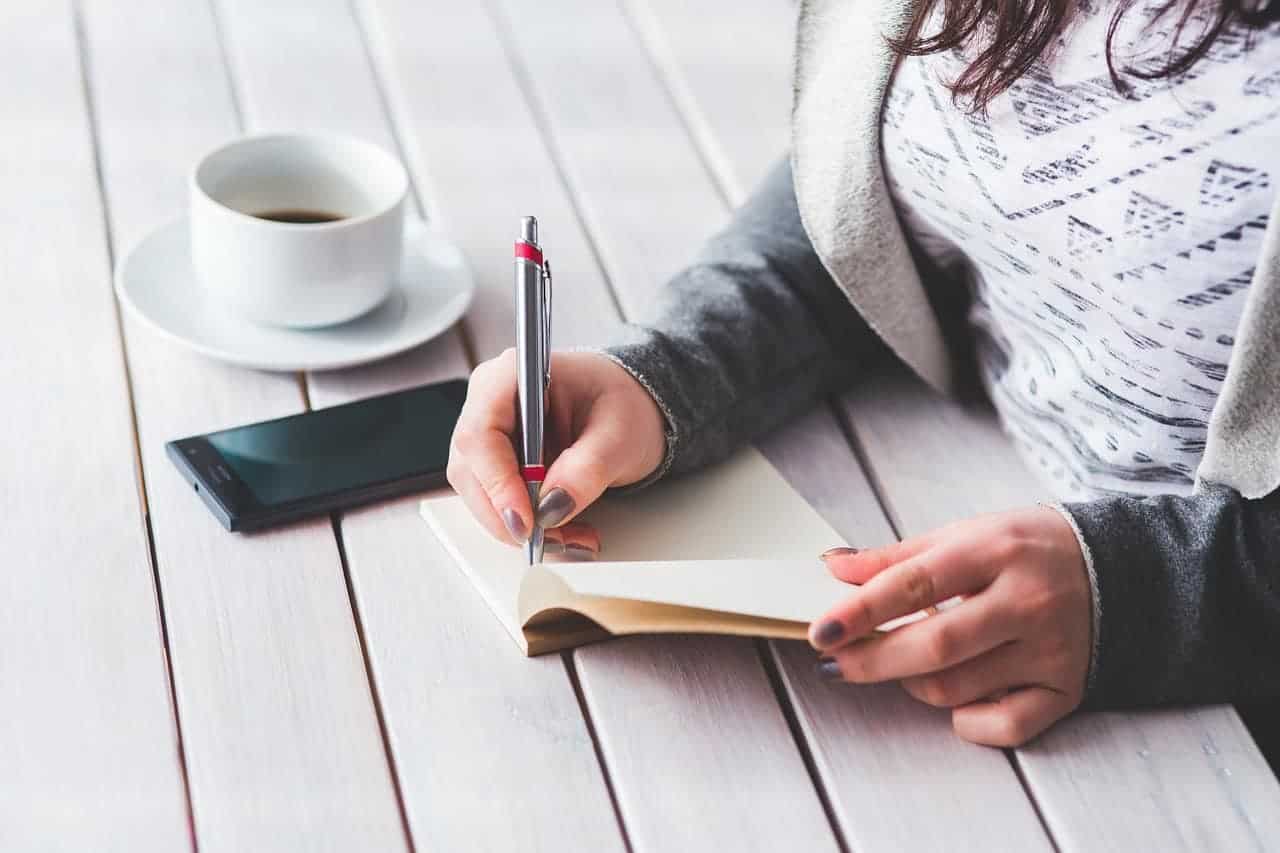 woman having coffee writing