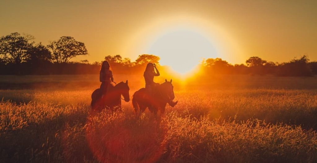 silhoutte of two woman riding a horse