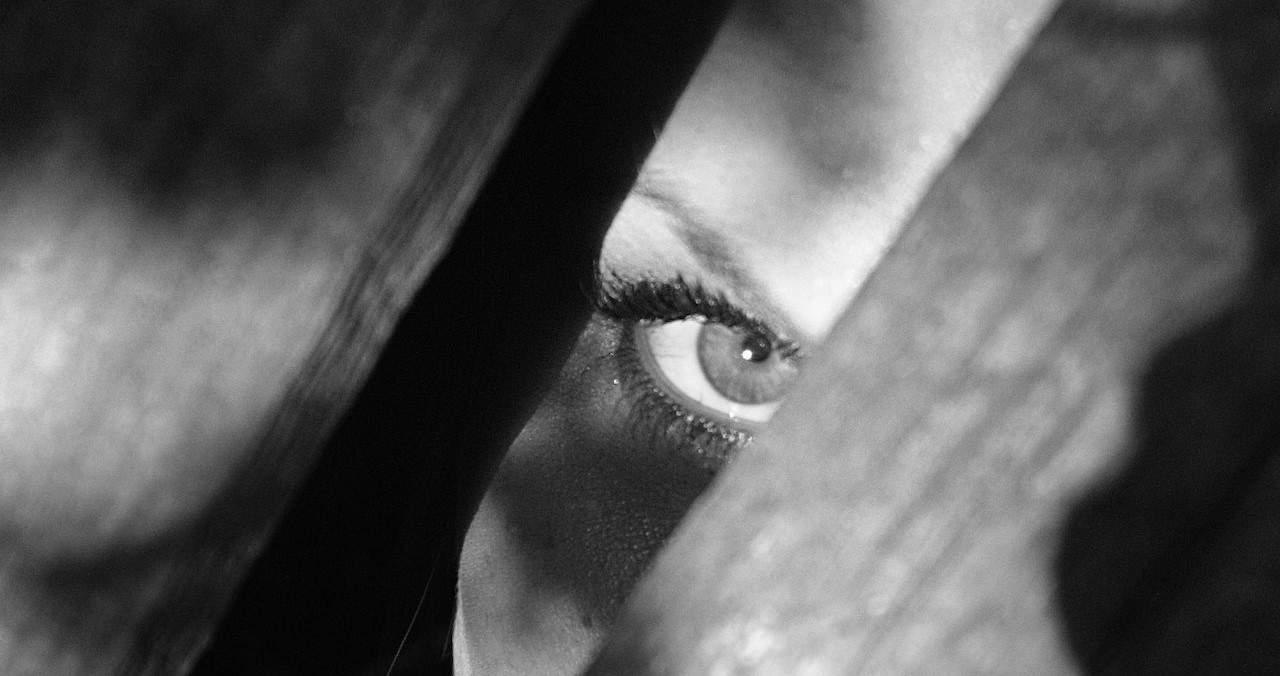 woman's eye behind a plank