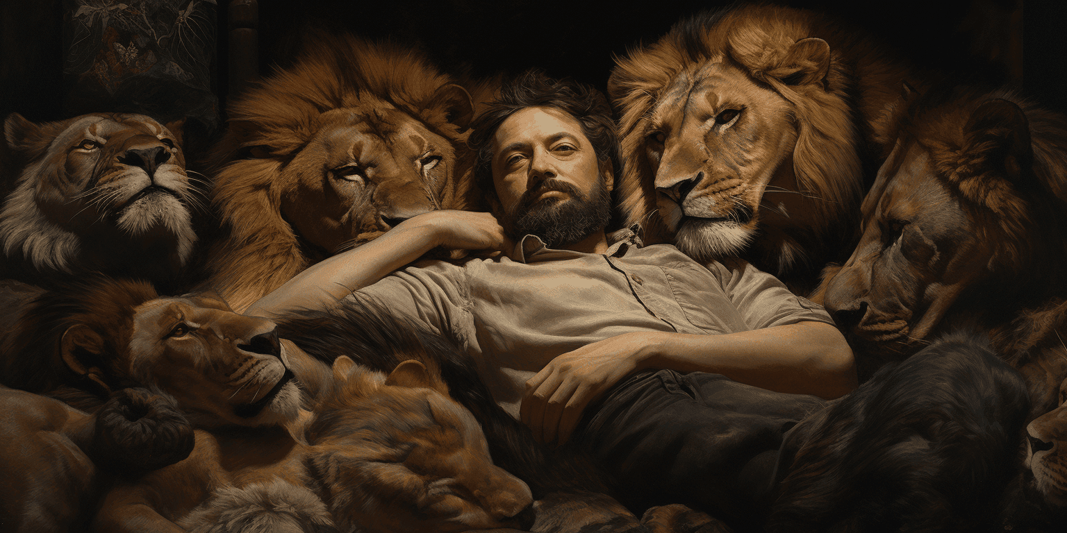 bearded man surrounded by lions