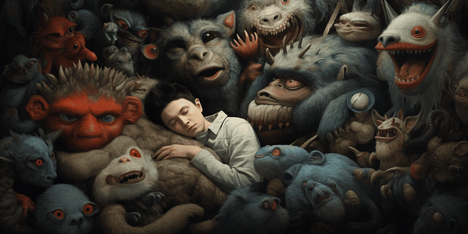 boy sleeping around monsters
