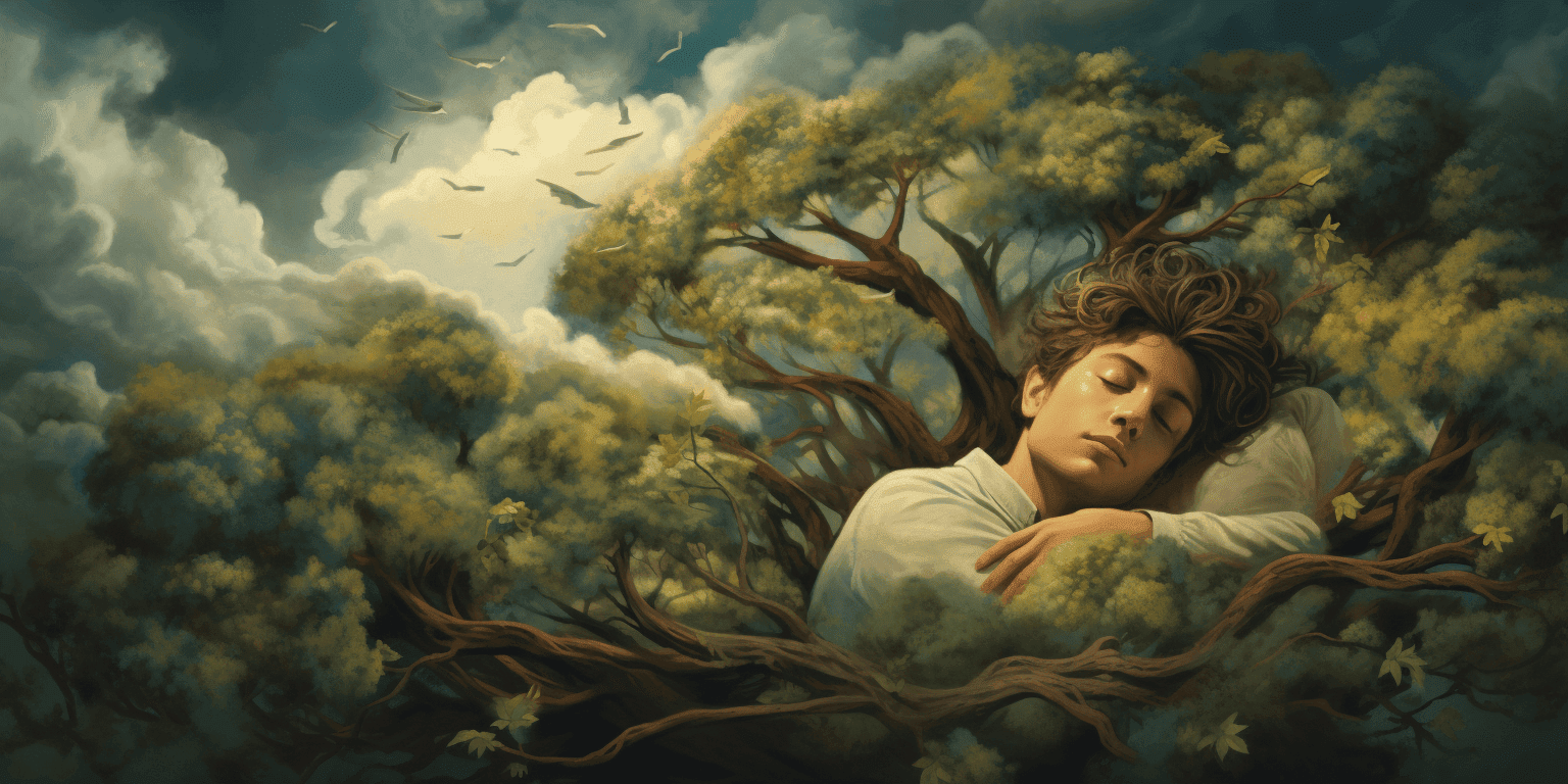 boy sleeping on a tree branch