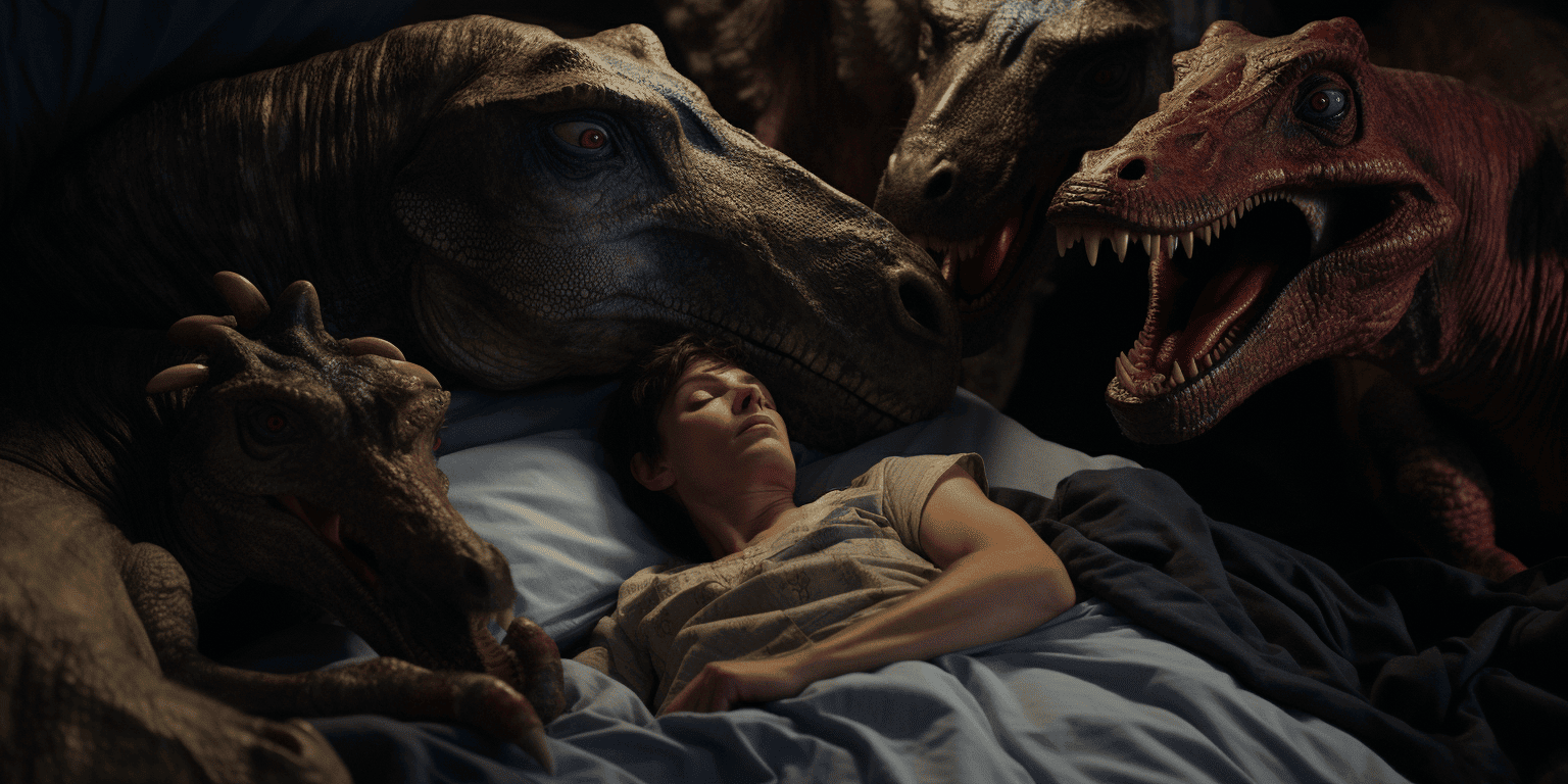 boy surrounded by dinosaurs