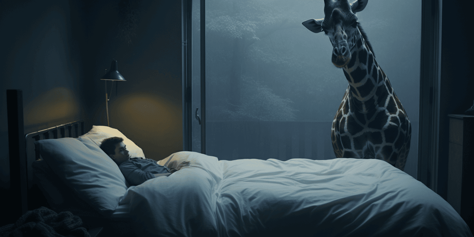 boy visited by a giraffe while sleeping