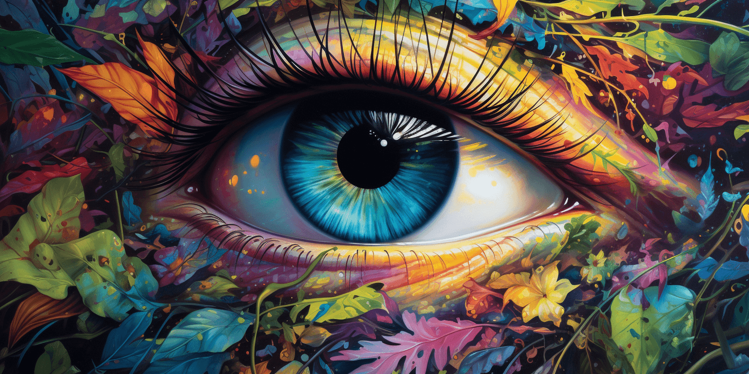 eyes surrounded by multicolored leaves