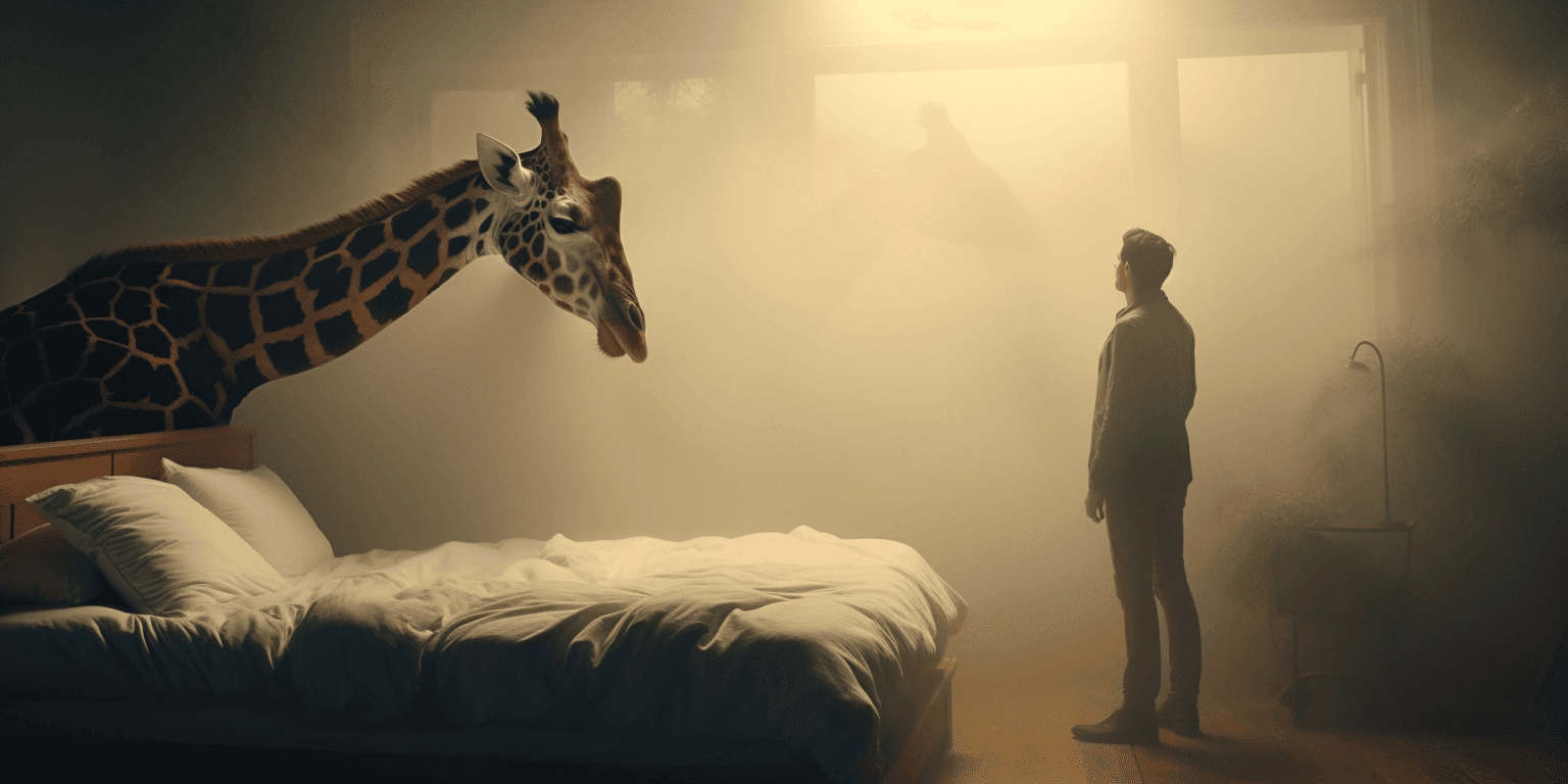 man and giraffe in a bedroom