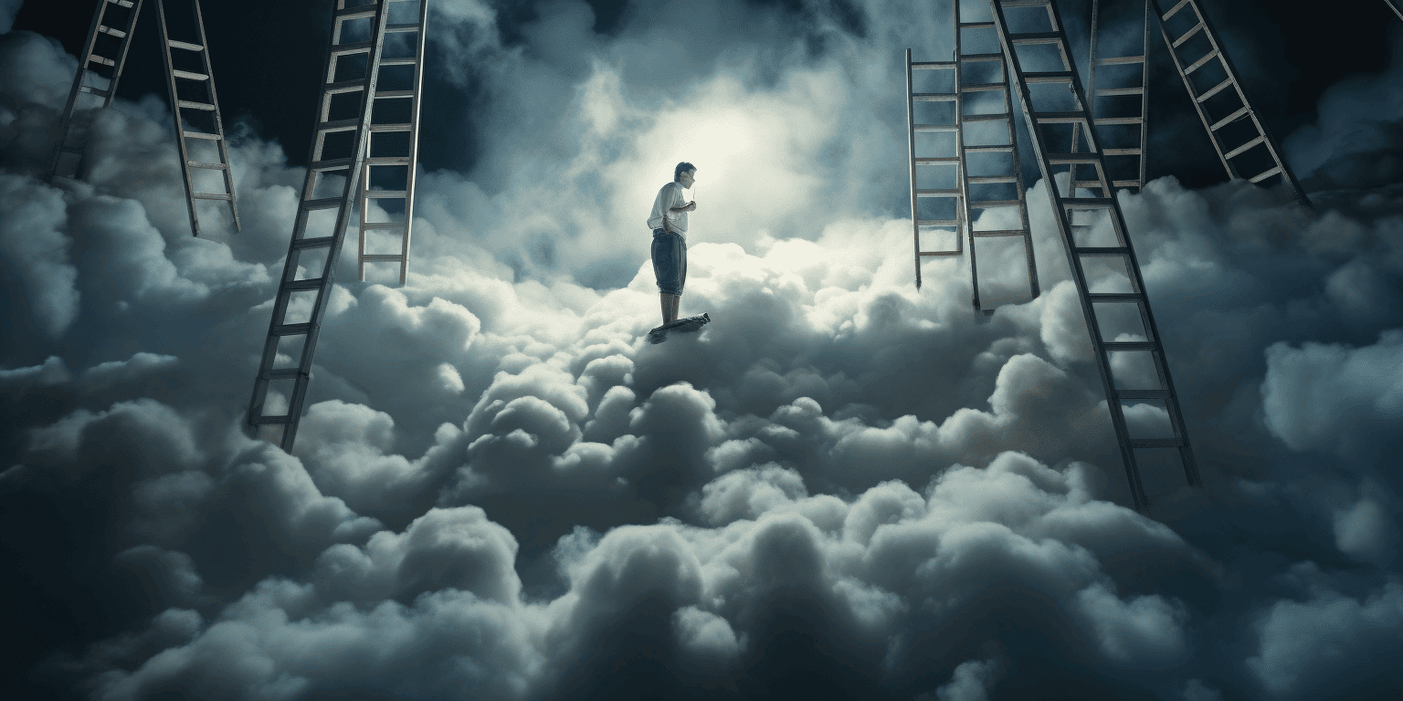 man and ladders on above the clouds