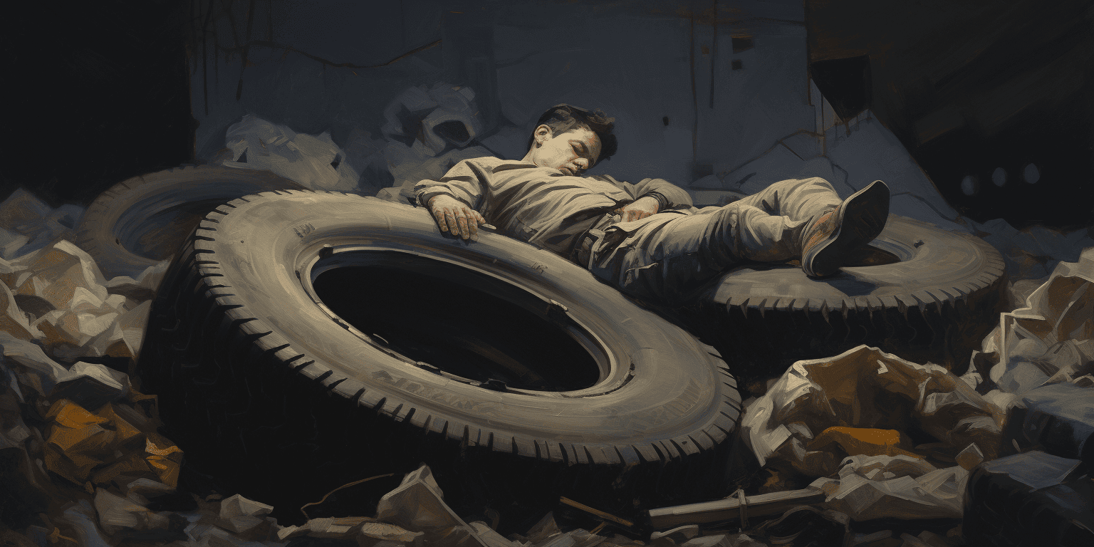 man asleep between flat tires