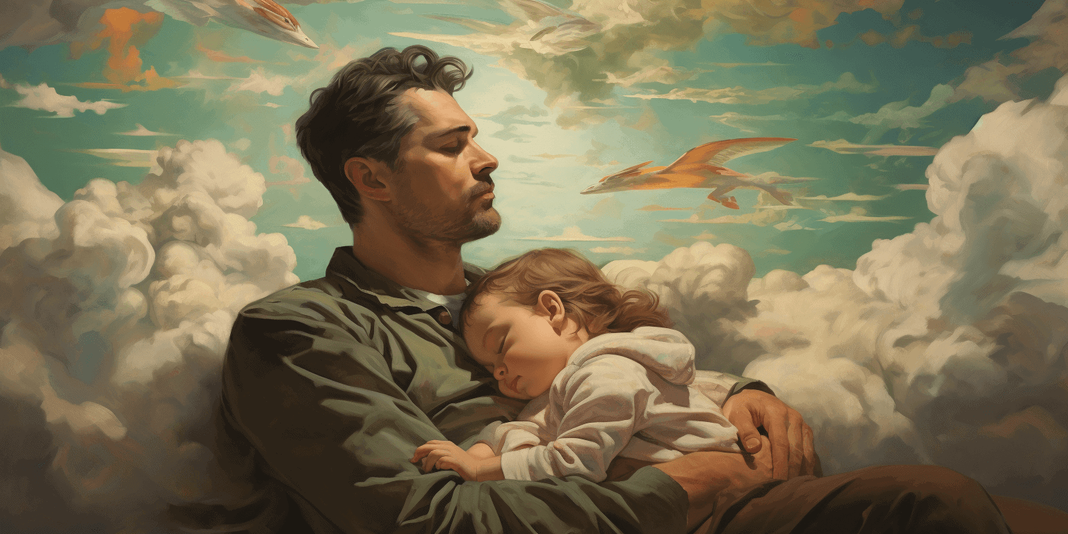 man carrying a child on a cloudy sky background