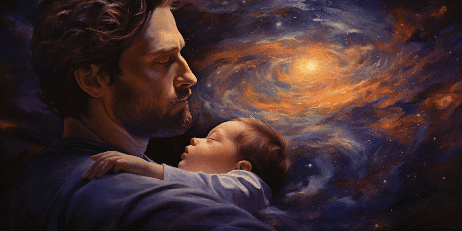 man carrying a child with a cosmic background