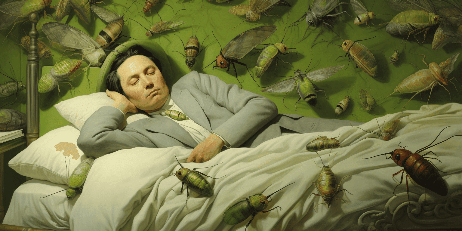man in bed surrounded by bugs