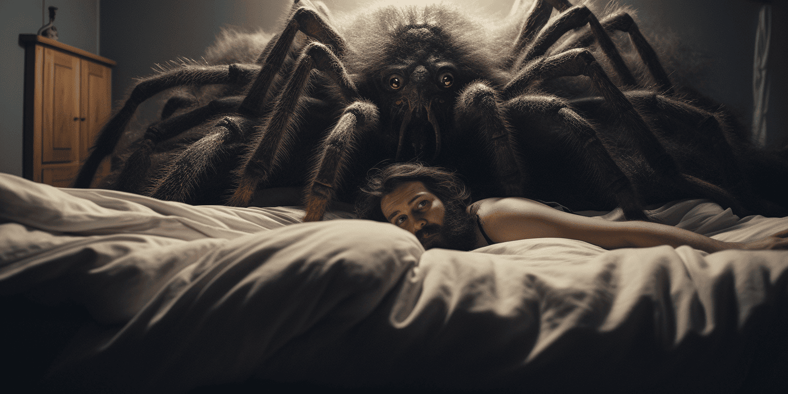 man in bed with a giant tarantula