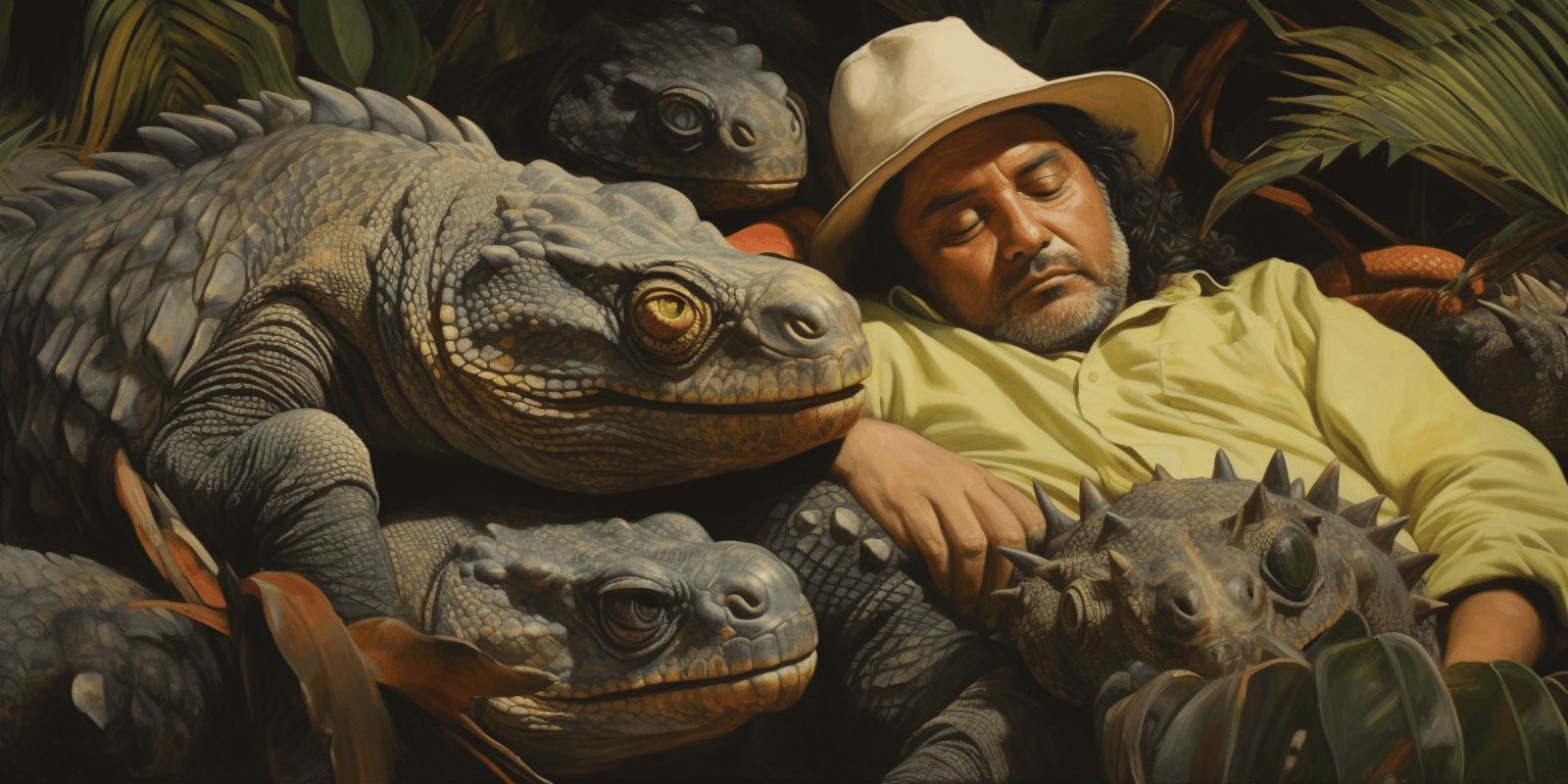 man sleeping around iguanas