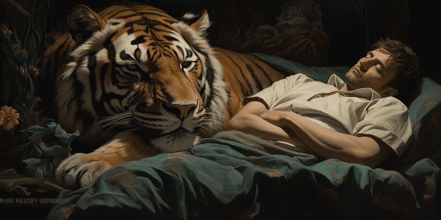 man sleeping beside a tiger
