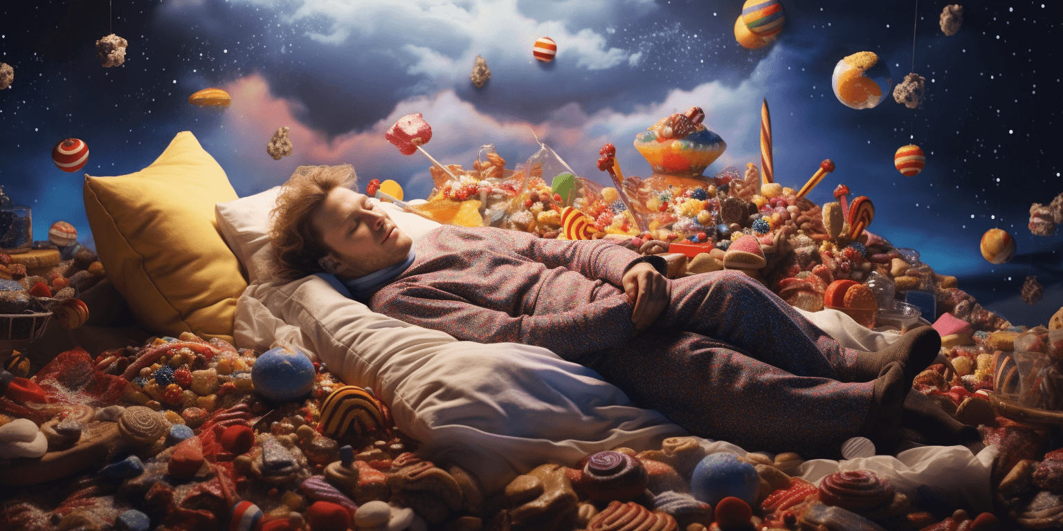 man sleeping on a stack of sweets