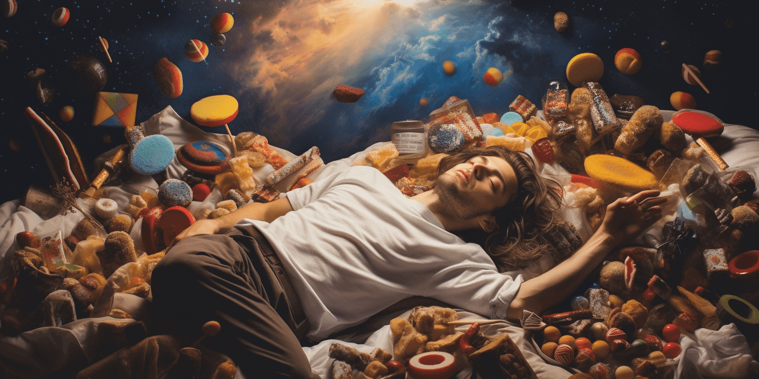 man sleeping on top of sugary snacks