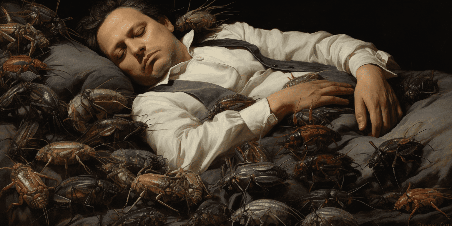 man sleeping surrounded by bugs