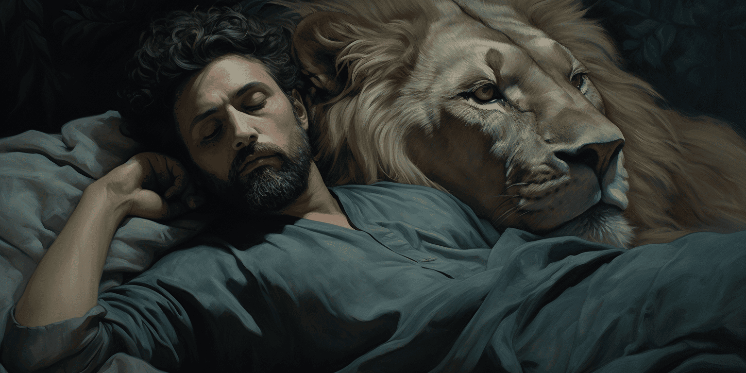 man sleeping with a lion