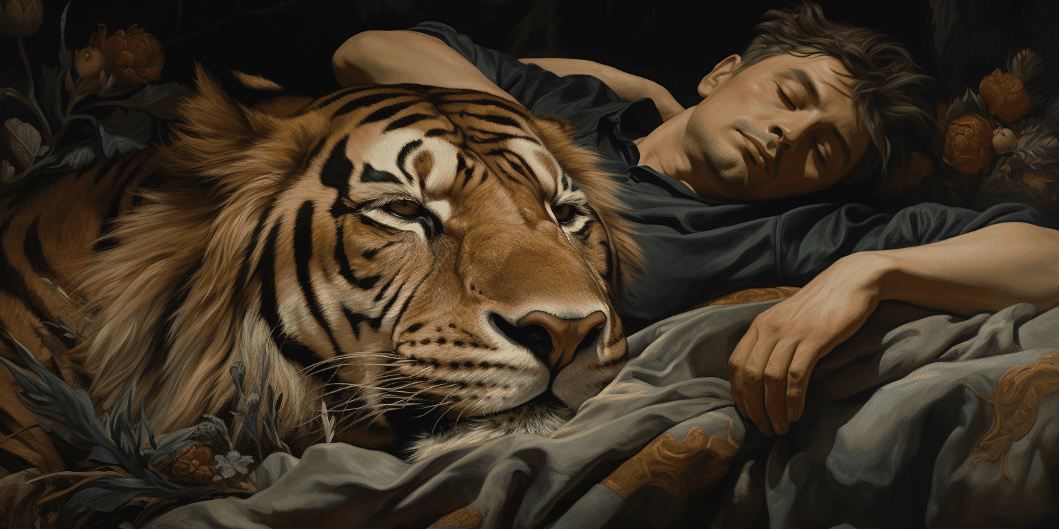 man sleeping with a tiger