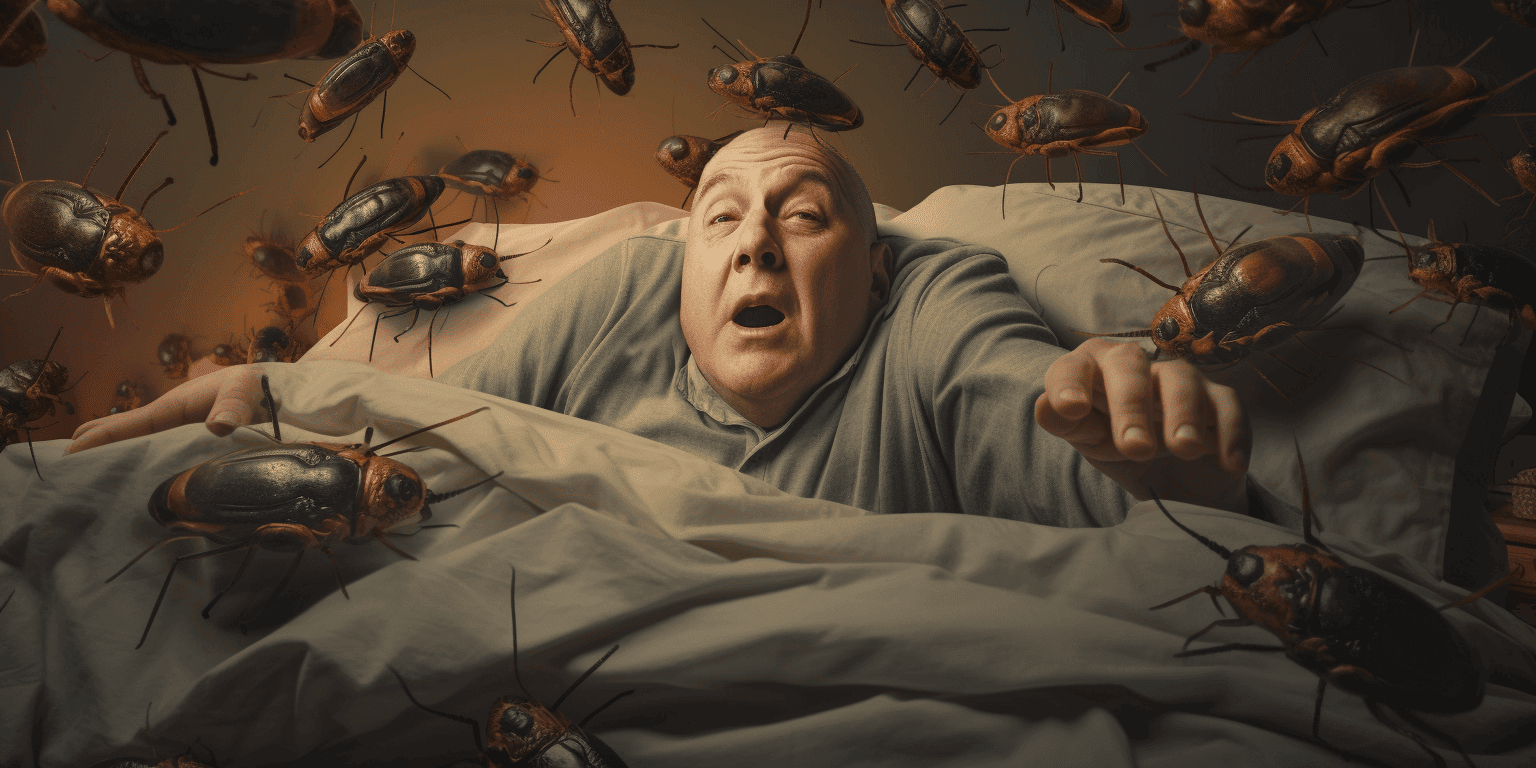 man surrounded by bed bugs