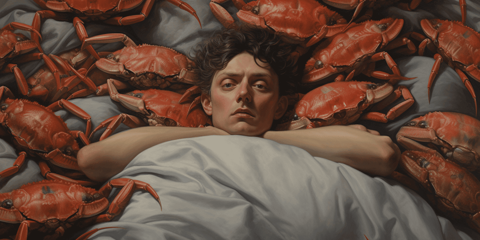 man surrounded by crabs in his bed