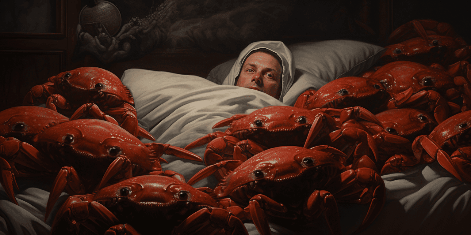 man surrounded by crabs