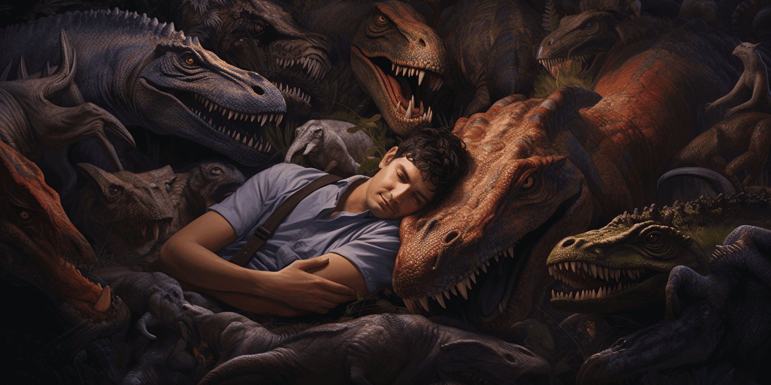 man surrounded by dinosaurs