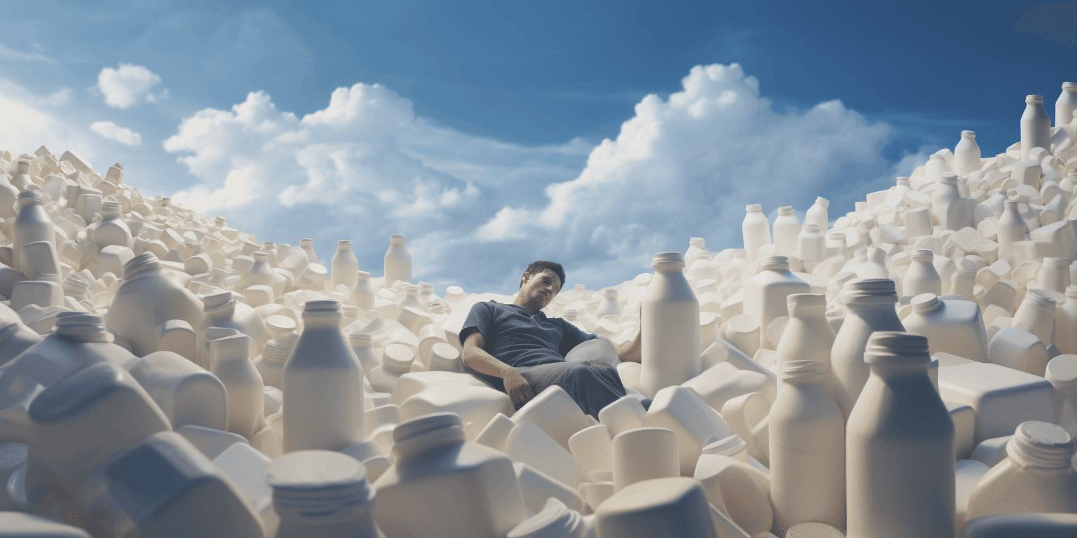 man surrounded by milk sculpture