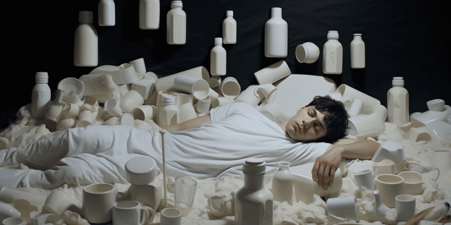 man surrounded by mugs and floating milk