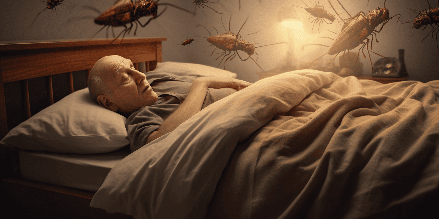 old man surrounded by flying bed bugs