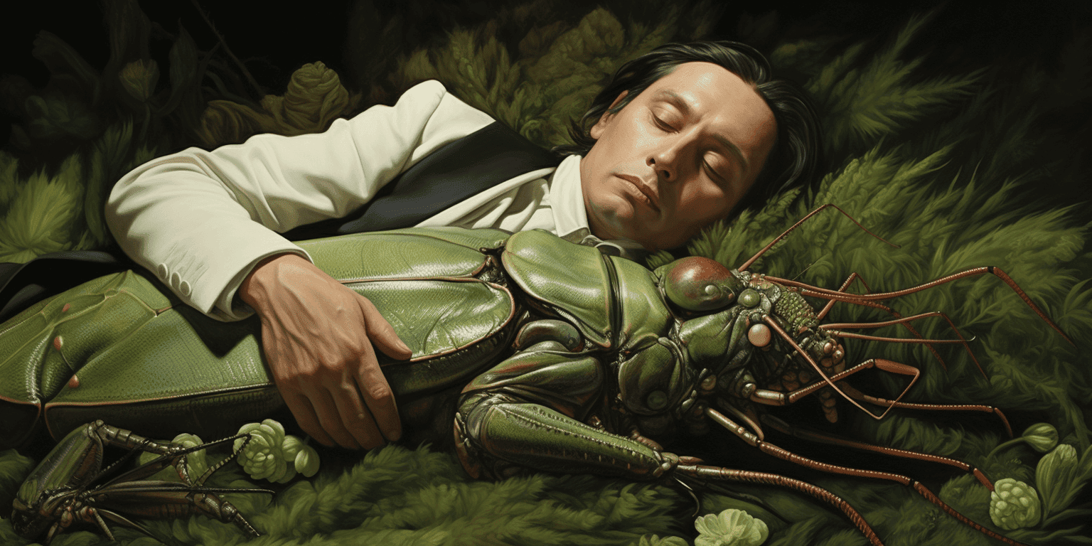 sleeping man hugging a grasshopper
