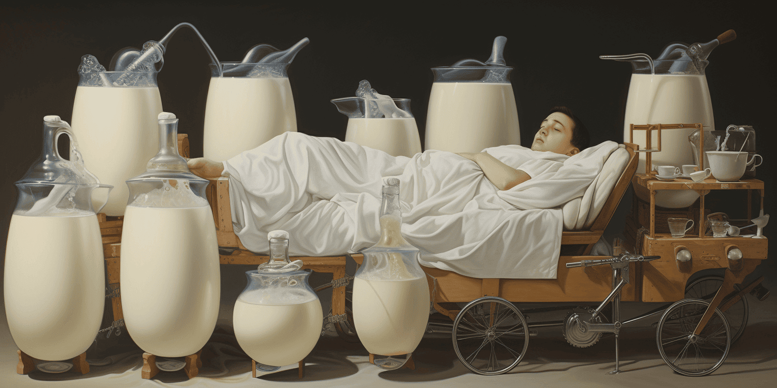 sleeping person surrounded by glasses of milk