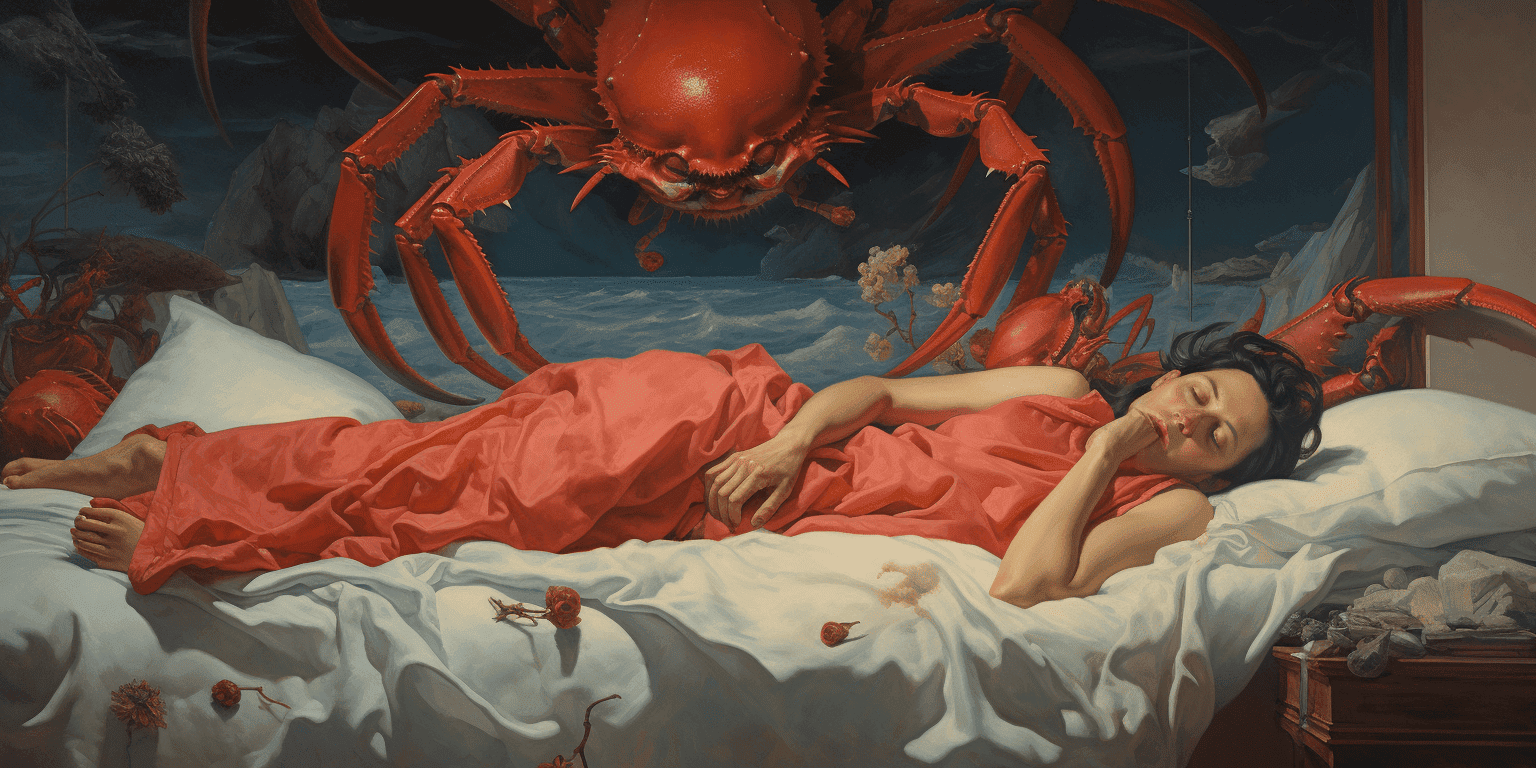sleeping woman being attacked by a giant crab
