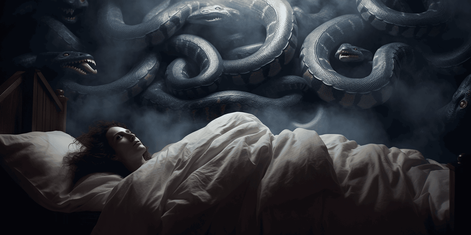 sleeping woman surrounded by black snakes