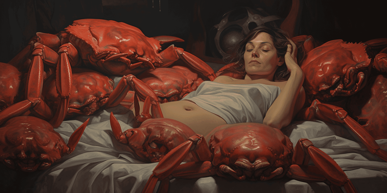 sleeping woman surrounded by crabs