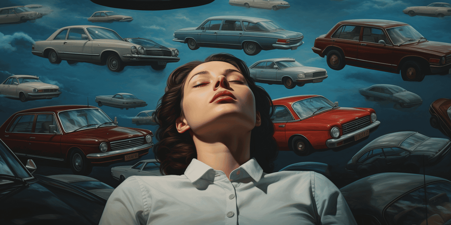 sleeping woman surrounded by flying cars