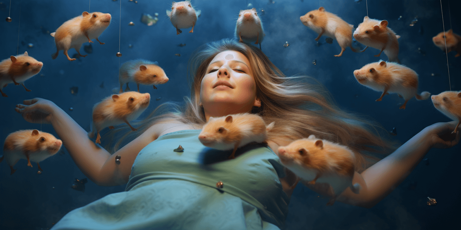 woman floating with hamsters