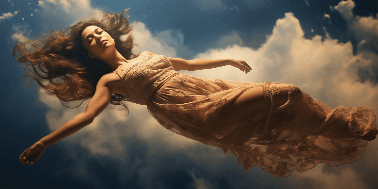 woman in a dress floating on the sky