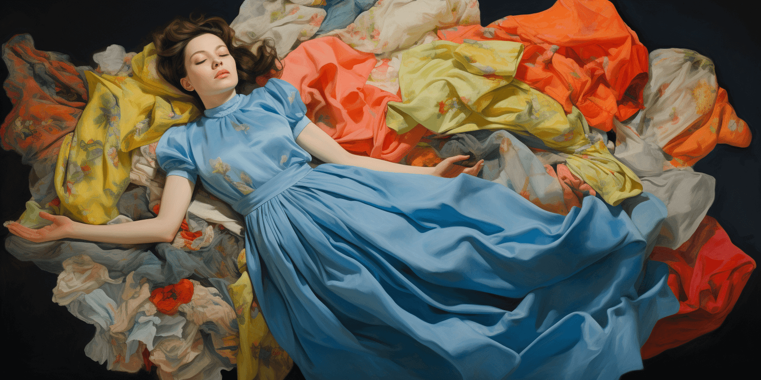 woman in blue silk dress surrounded by clothes