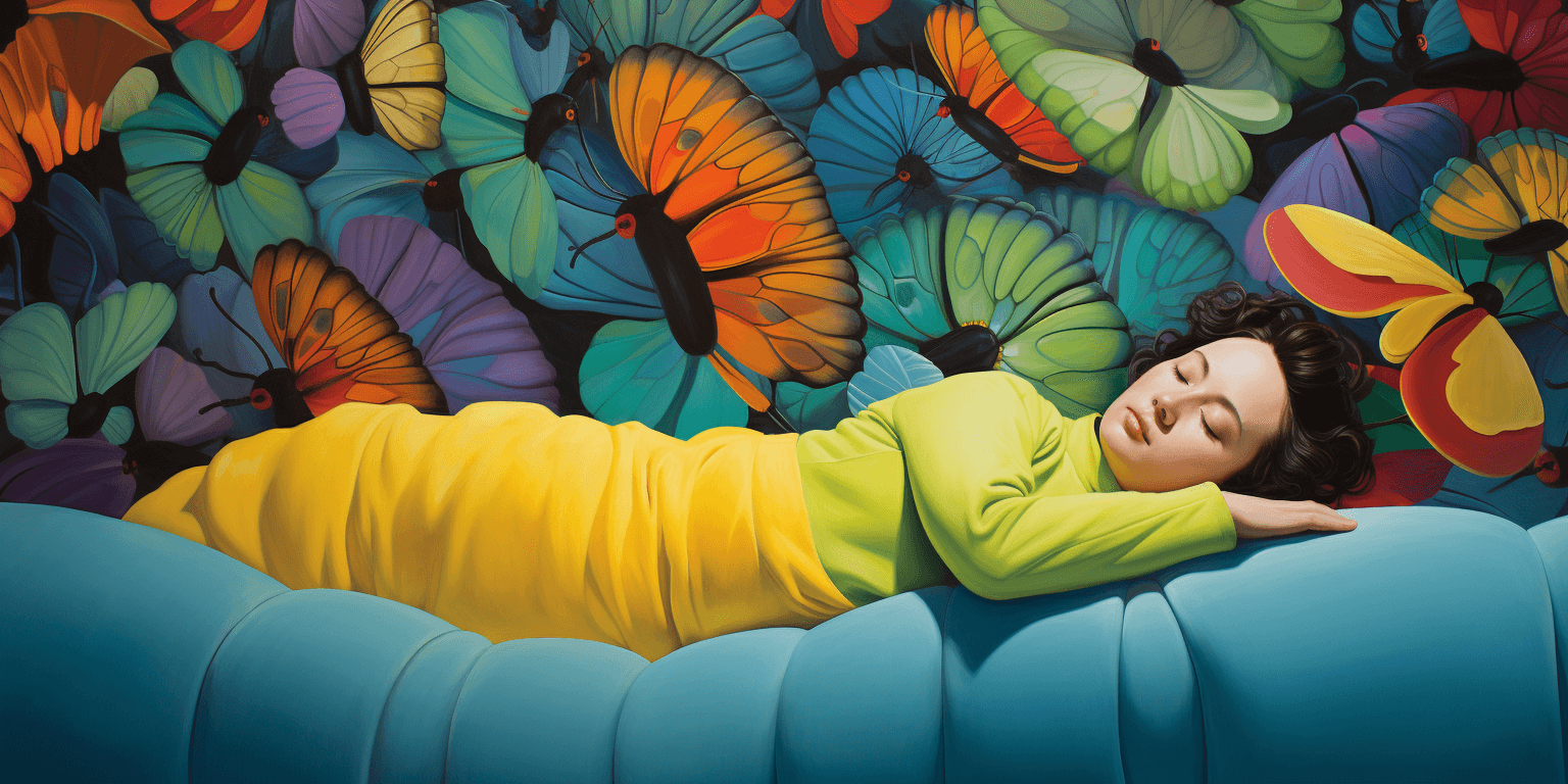 woman sleeping around colorful butterflies