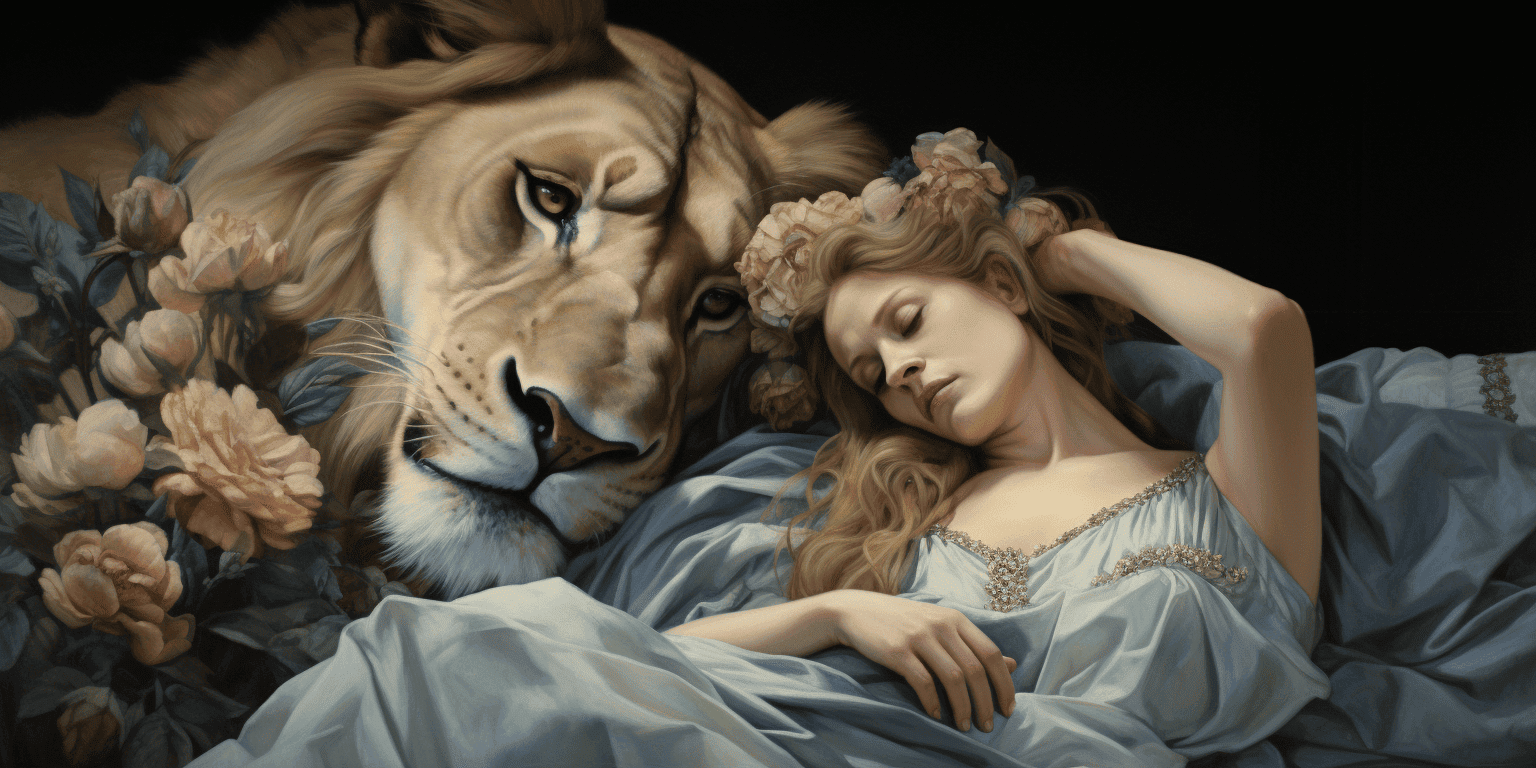 woman sleeping beside a lioness and flowers