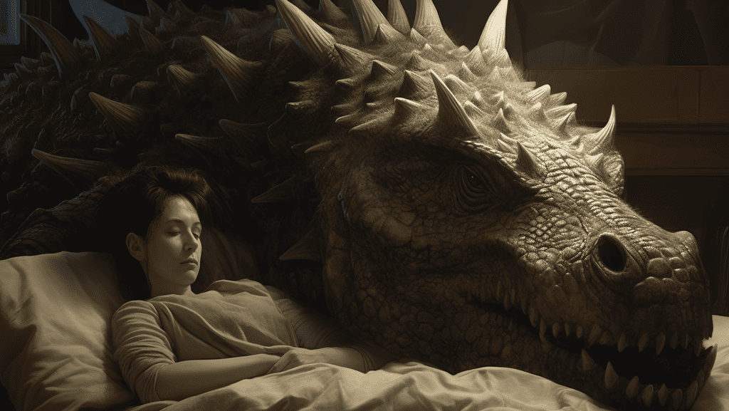 woman sleeping beside a spiky creature