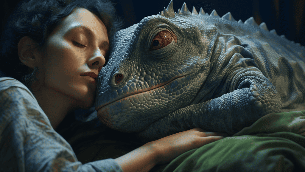 woman sleeping with an iguana