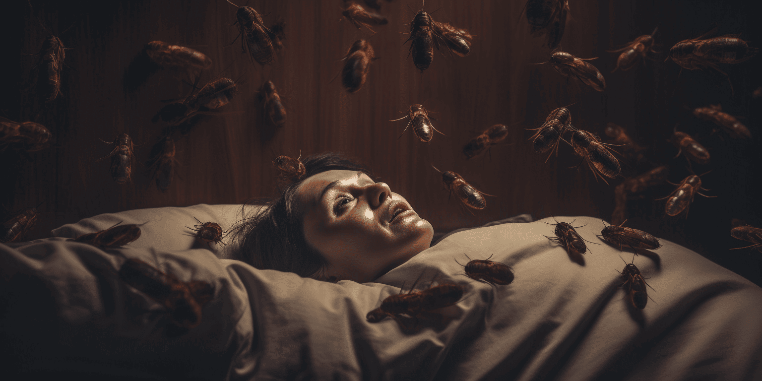 woman surrounded by bed bugs