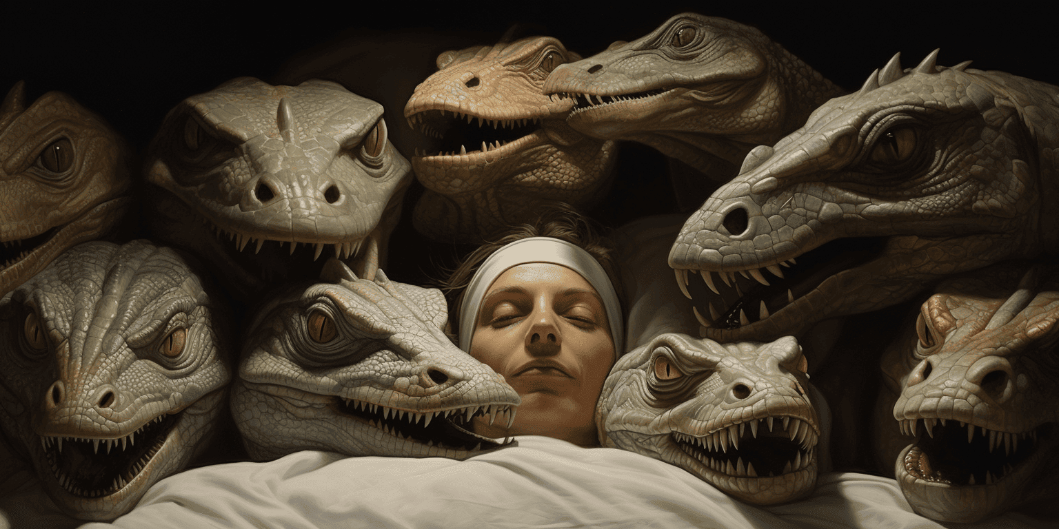 woman surrounded by dinosaurs