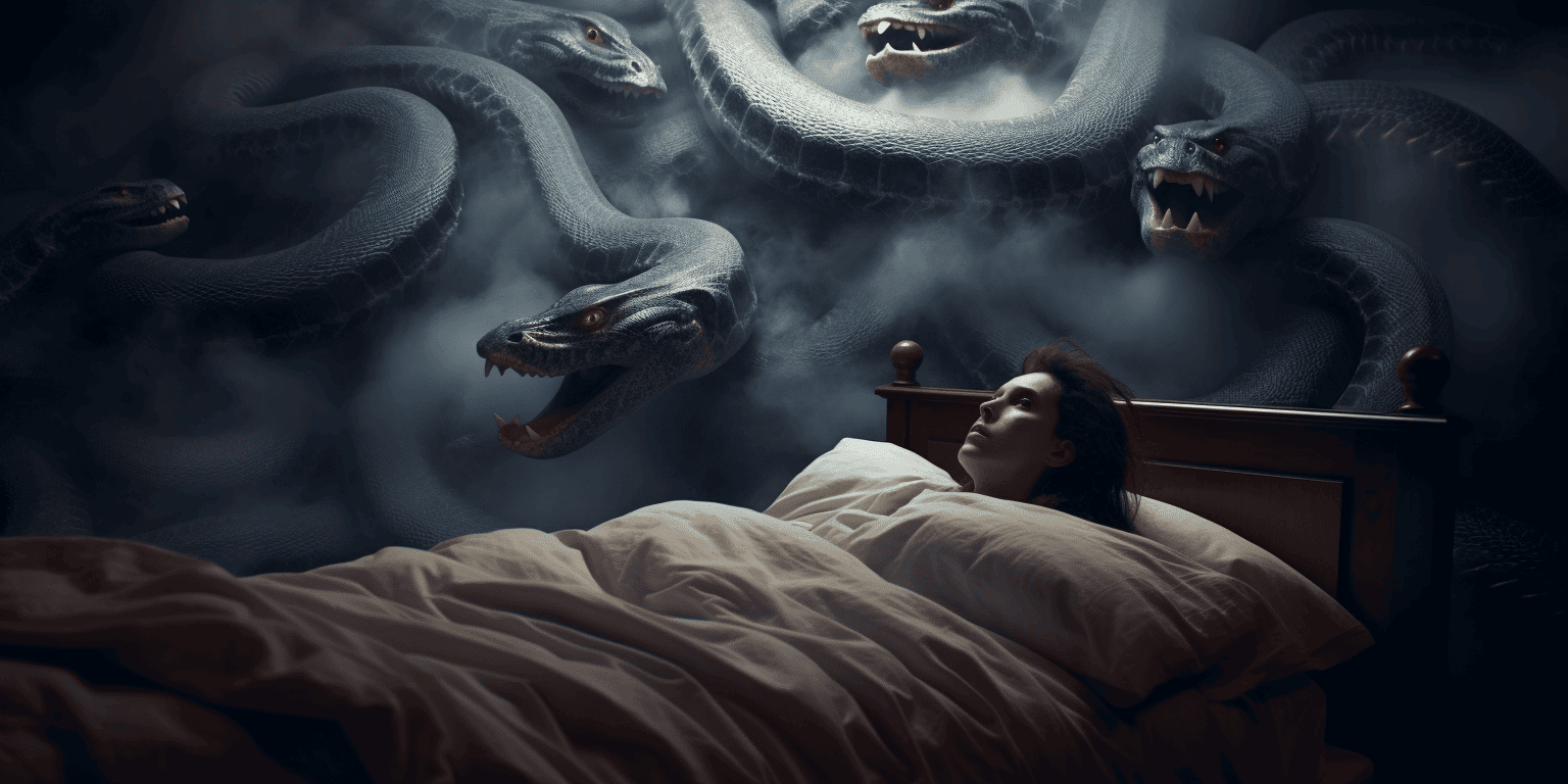 woman surrounded by huge black snakes