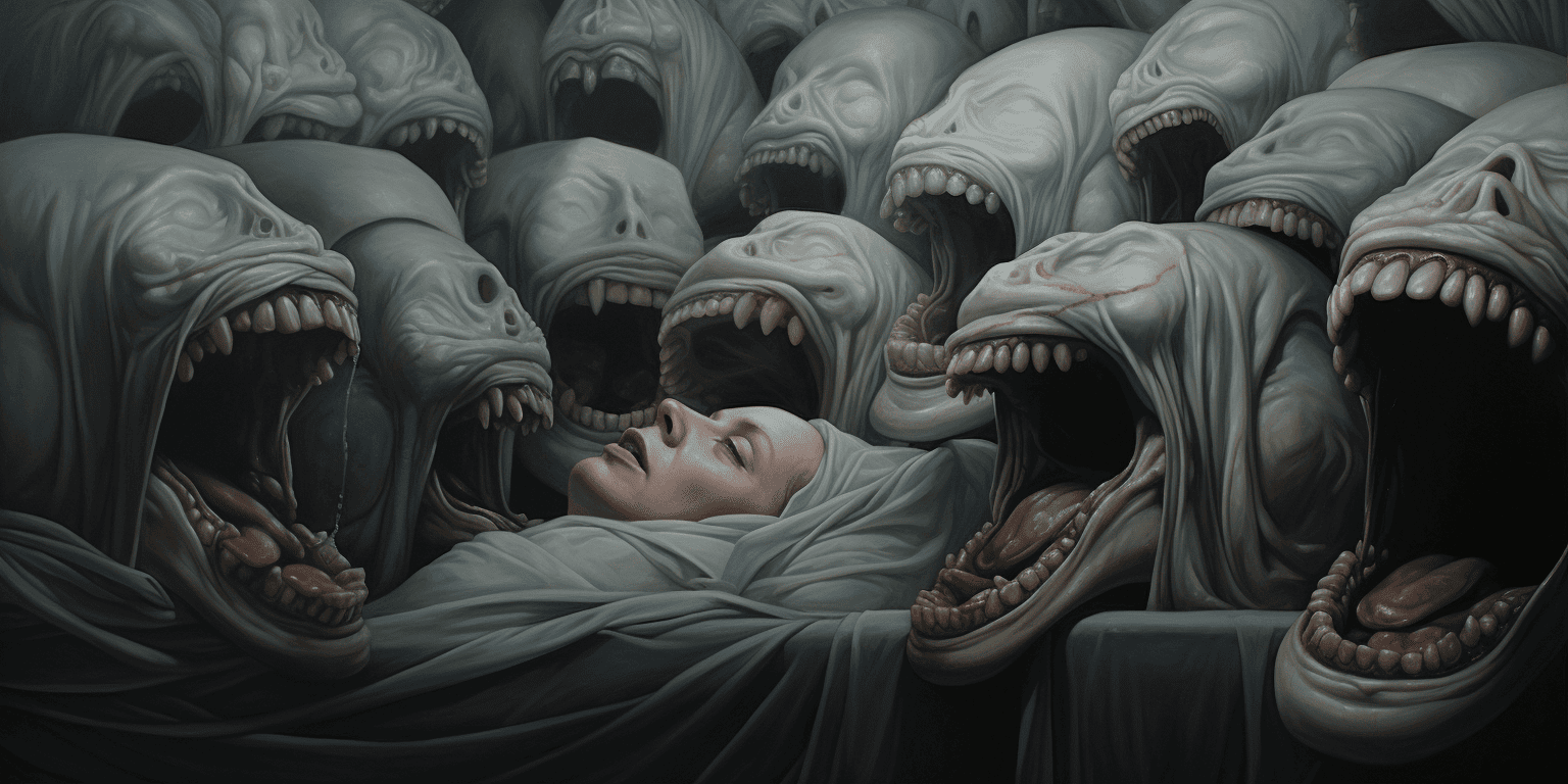 woman surrounded by monsters