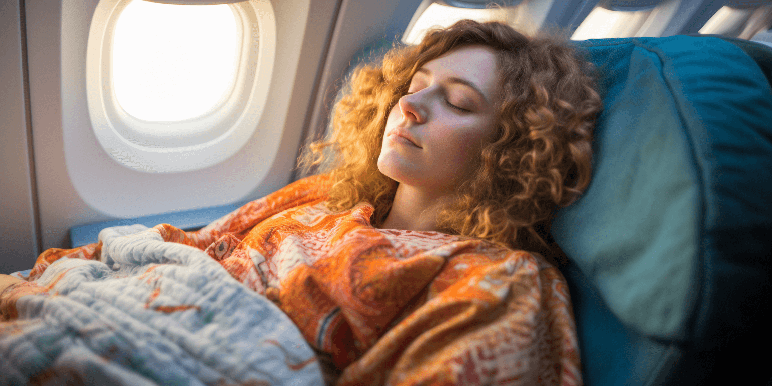 woman with curly hair sleeping in an airplane